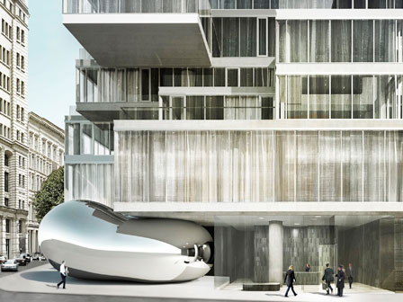 Rendering of Anish Kapoor sculpture at the base of the 56 Leonard tower